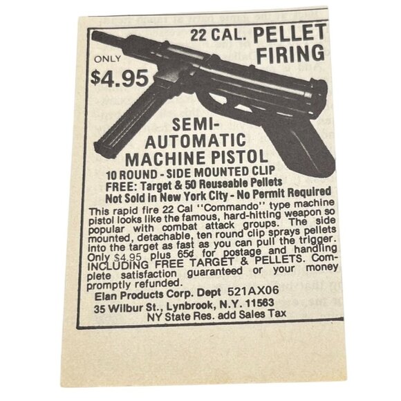 Elan Products Semi Automatic Pellet Pistol Mini Print Ad 1980 Vintage Lynnbrook - Picture 1 of 6